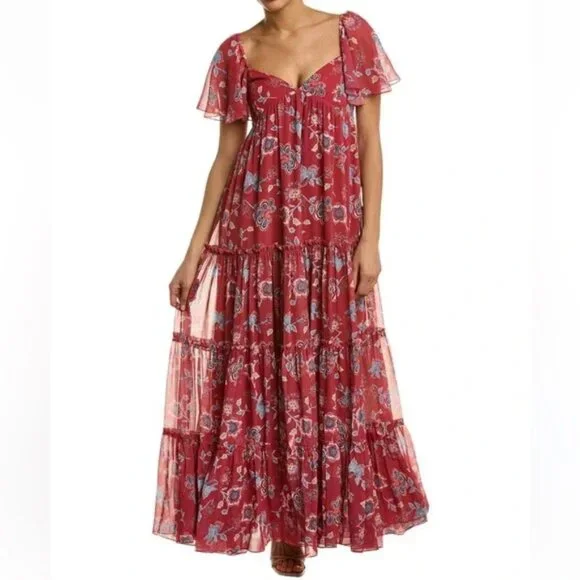 Sachin + Babi Floral Kara tiered chiffon empire sweetheart neck Maxi dress red - Picture 2 of 6